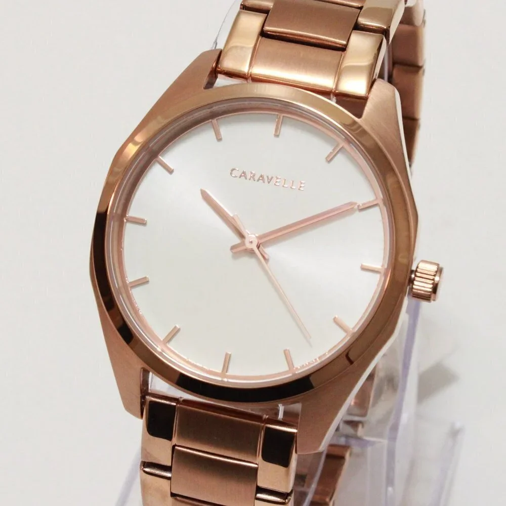 Caravelle Ladies Minimalist Watch By Bulova Rose Gold White Sun-ray Dial 36mm